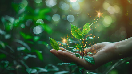 Fototapeta premium Concept of renewable energy Environmental protection or Earth Day Hands assist safeguard the world by guarding ground-based forests.