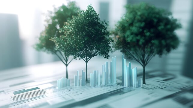 Futuristic Cityscape with Abstract Geometric Architecture and Financial Data Visualization