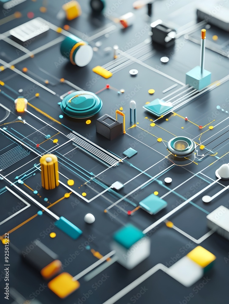 Poster intricate technological circuit with geometric patterns and vibrant colors