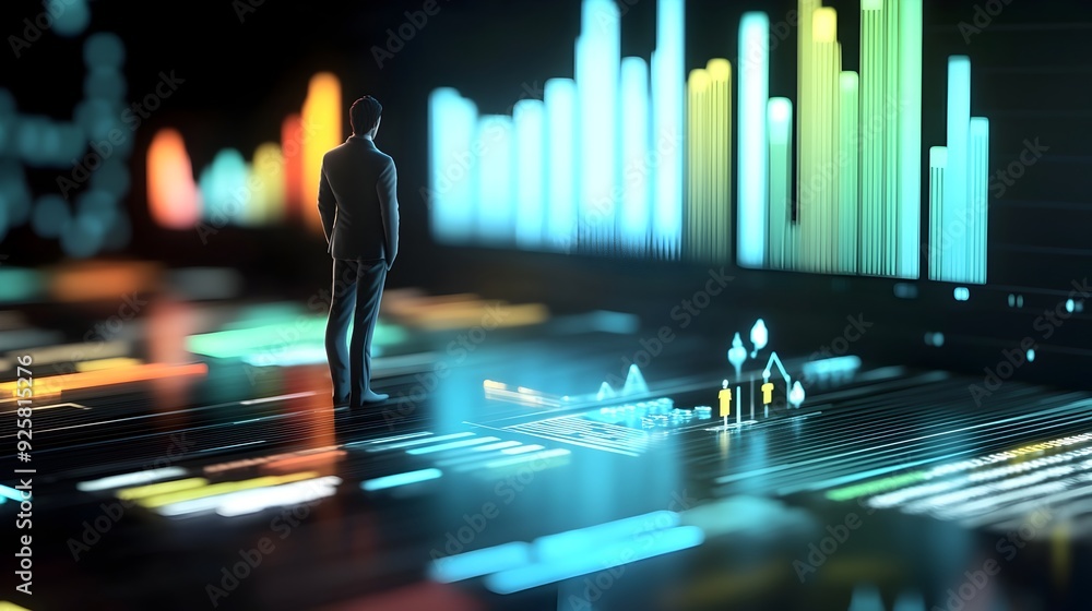 Poster futuristic digital dashboard with glowing holographic data visualization for finance and market anal