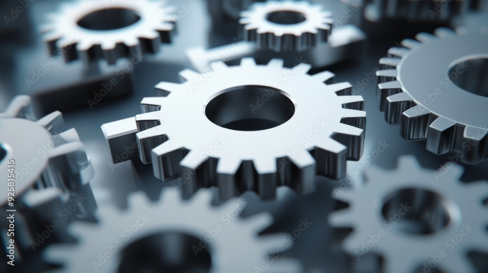 Poster close-up of interconnected metallic gears and cogs, illustrating the concept of teamwork, engineerin