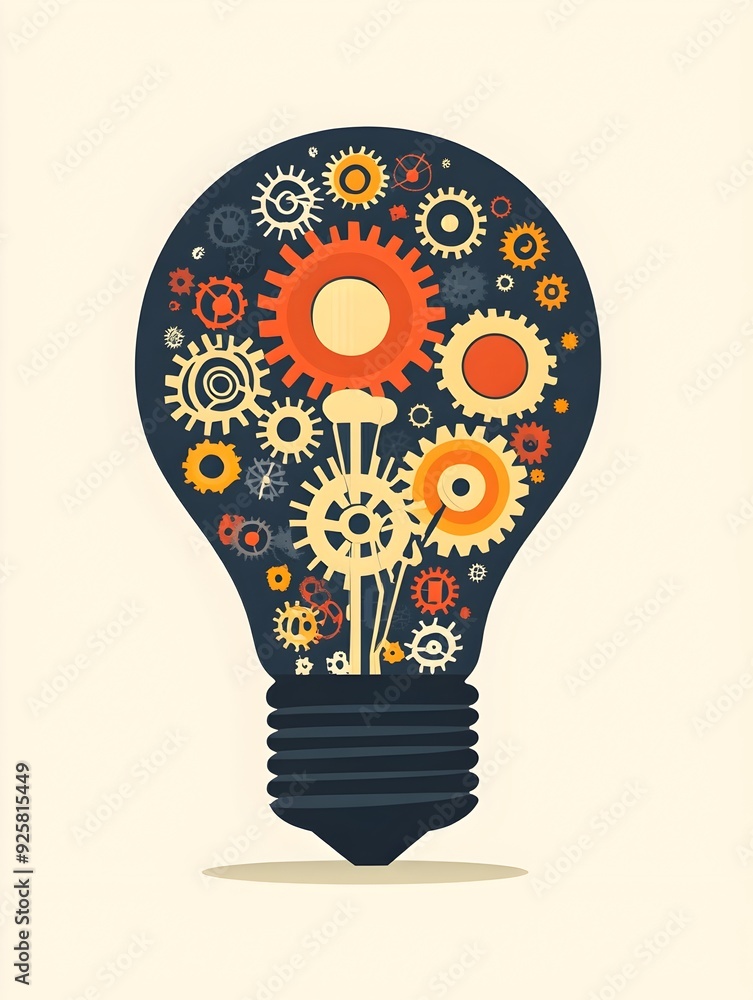 Poster innovative conceptual of creative lighting bulb with cogs and gears symbolizing invention and proble