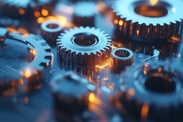Close-up of interconnected metal gears with a soft orange glow, symbolizing technology, engineering, and industrial precision.
