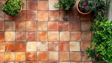 Fototapeta premium Top view of rustic terracotta tiles with uneven edges, arranged in a diagonal pattern on an outdoor patio