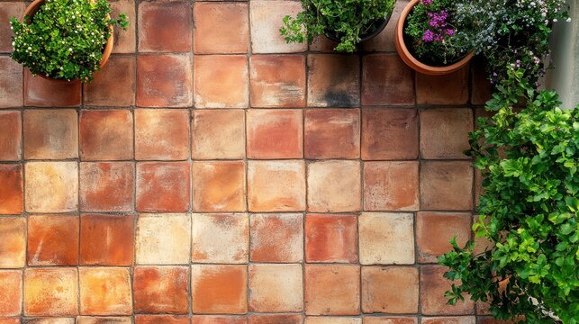 Top view of rustic terracotta tiles with uneven edges, arranged in a diagonal pattern on an outdoor patio