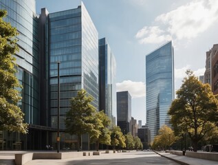 Obraz premium Modern Cityscape with Glass Skyscrapers and Green Trees