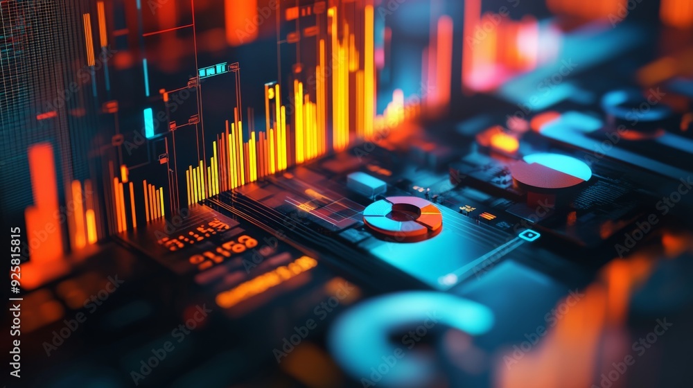 Poster close-up of financial charts and graphs on digital display, showcasing vibrant market data and analy