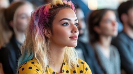 Young woman with colorful hair attending an event