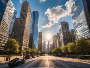 Cityscape with Tall Buildings, Sunlight, and Street