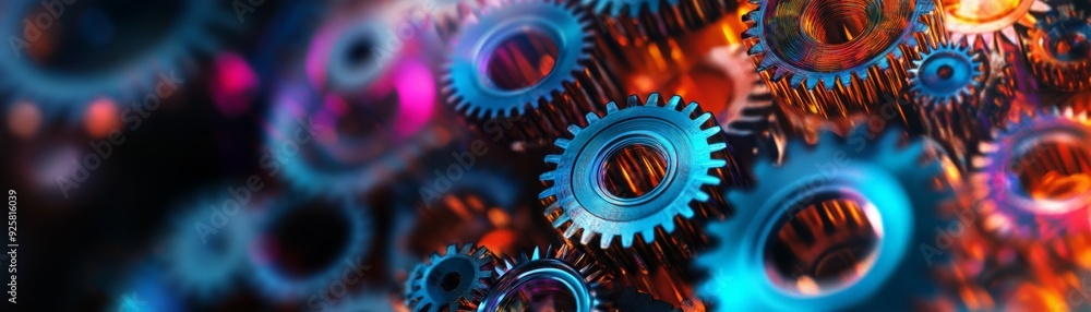 Poster close-up of colorful, illuminated gears in motion, showcasing the intricacies of mechanical engineer