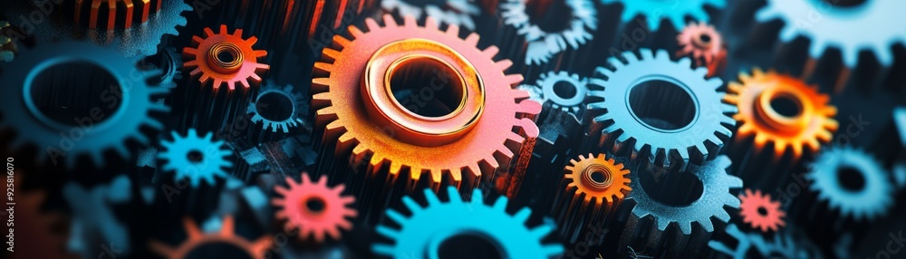 Aufkleber close-up of colorful gears in various sizes, showcasing mechanical engineering and teamwork. ideal f