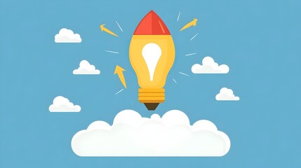 Rocket Shaped Light Bulb Launching from Cloud Into Blue Sky