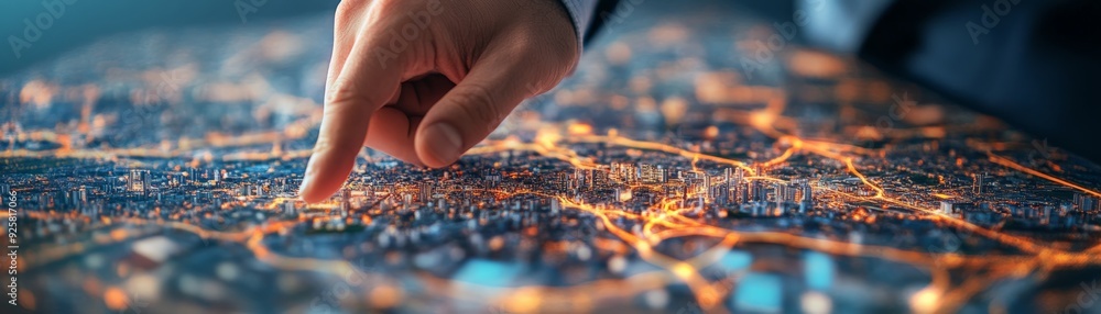 Poster close-up of a person's finger pointing at an illuminated map with glowing lines, representing data n