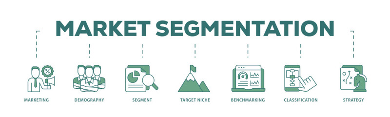 Market segmentation icon infographic illustration concept with icon of marketing, demography, segment, target niche, benchmarking, classification, strategy icon live stroke and easy to edit 
