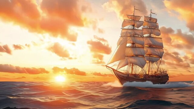 Sailing ship in the sea at sunset