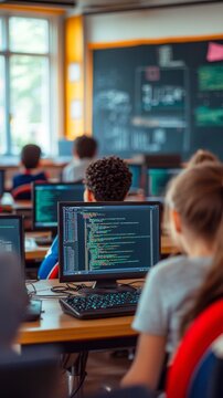 Students immersed in programming lessons, high school emphasizing computer science education, learn coding, future software developers gaining digital literacy in modern classrooms