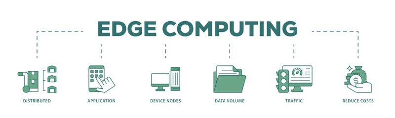 Edge computing icon infographic illustration concept with icon of distributed computing, application, device nodes, data volume, traffic and reduce costs icon live stroke and easy to edit 