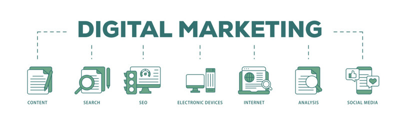 Digital marketing icon infographic illustration concept with icon of content, search, seo, electronic devices, internet, analysis and social media icon live stroke and easy to edit 
