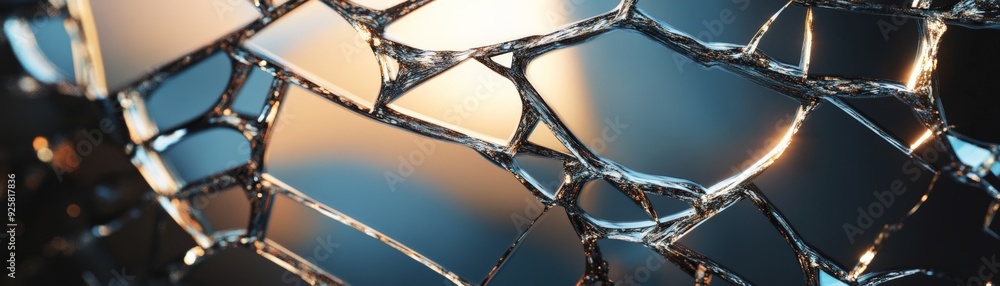 Poster Close-up artistic shot of shattered glass with intricate patterns reflecting light and creating a unique abstract composition.