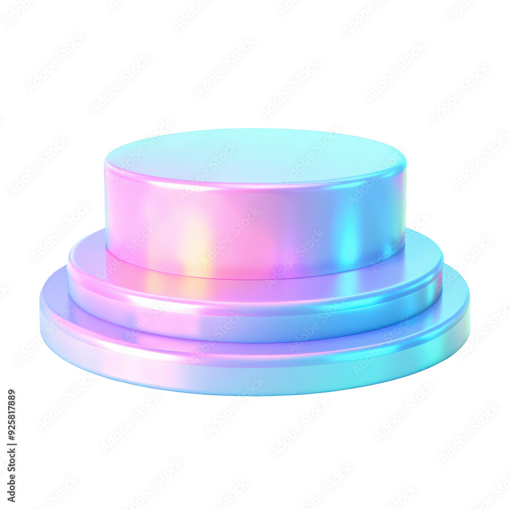 Poster three-tier holographic podium display with a gradient color scheme, featuring smooth reflective surf