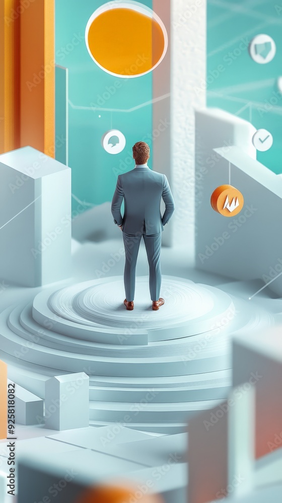 Poster businessman standing on a futuristic platform, analyzing floating data icons in a modern digital int