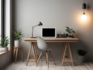 Minimalist Home Office with Wooden Desk and White Chair