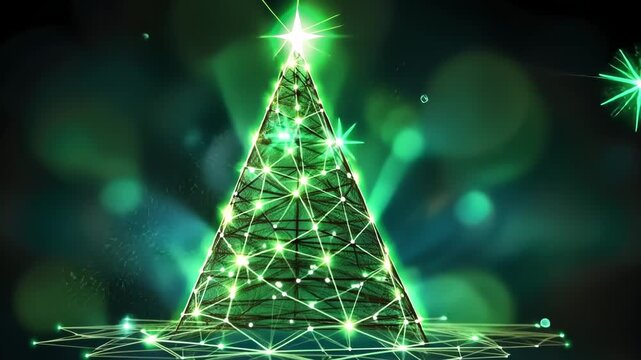 futuristic glowing green christmas tree , digital technology electronic programming neon code with green lines and dots, science and technology, Glowing rays with flickering particles , New year 