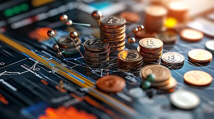 Fototapeta premium A 3D illustration of a financial network, depicting a web with coins, symbolizing connectivity and integration in global finance, with clear copy space.