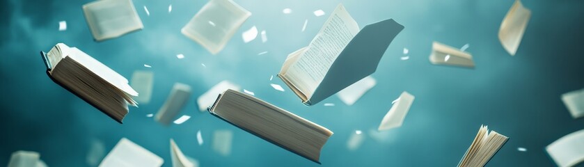 Fototapeta premium Bookshelves levitating in mid-air against a mystical blue background, depicting a surreal and magical library environment.