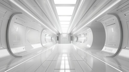 A futuristic white hallway with sleek, modern design.