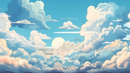 Blue sky with clouds. Anime style background with shining sun and white fluffy clouds. Sunny day sky scene cartoon vector illustration.