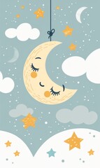 Invitation template with cute sleepy moon, cute design for baby shower or birthday modern invitation.