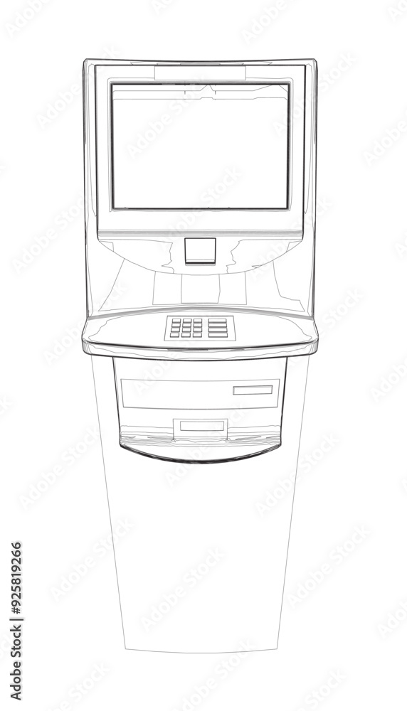 Poster contour atm with display. bank terminal for transaction, withdraw money and deposit to account. vect