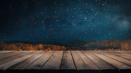 empty wooden table with blurred night stars background