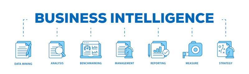Business intelligence icon infographic illustration concept with icon of data mining, analysis, benchmarking, management, reporting, measure, and strategy icon live stroke and easy to edit 