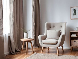 Cozy living space with modern furniture. Soft chair standing on copy space hardwood floor in apartment with hygge interior. Design armchair in contemporary house with linen curtains on window