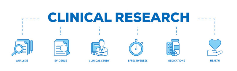 Clinical research icon infographic illustration concept with icon of analysis, evidence, clinical study, effectiveness, medications and health icon live stroke and easy to edit 