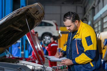 an asian mechanic in workwear writing paper on clipboard after inspection of a car engine that needs to be repaired in order to provide a quotation to a customer