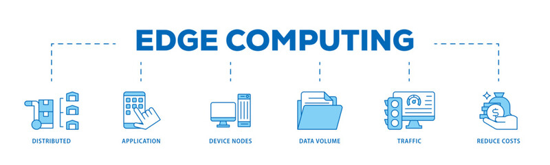 Edge computing icon infographic illustration concept with icon of distributed computing, application, device nodes, data volume, traffic and reduce costs icon live stroke and easy to edit 