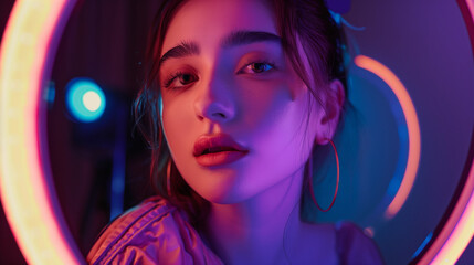 Fototapeta premium A young female influencer poses in front of her ring mirror, illuminated by a soft neon purple glow