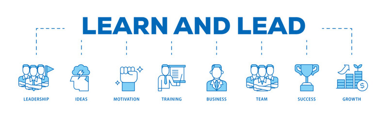Learn and lead icon infographic illustration concept with icon of leadership, ideas, motivation, training, business, team, success, and growth icon live stroke and easy to edit 