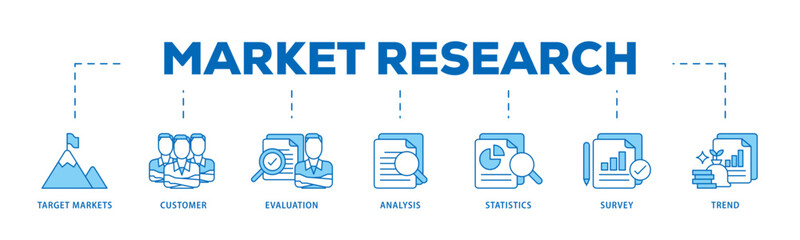 Market research icon infographic illustration concept with icon of target markets, customer, evaluation, analysis, statistics, survey and trend icon live stroke and easy to edit 