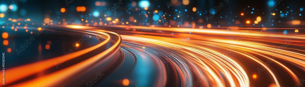 Poster abstract image of a colorful light trail on a highway at night with glowing bokeh lights in the back