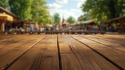Obraz premium empty wooden table with blurred bavarian oktoberfest on open air background