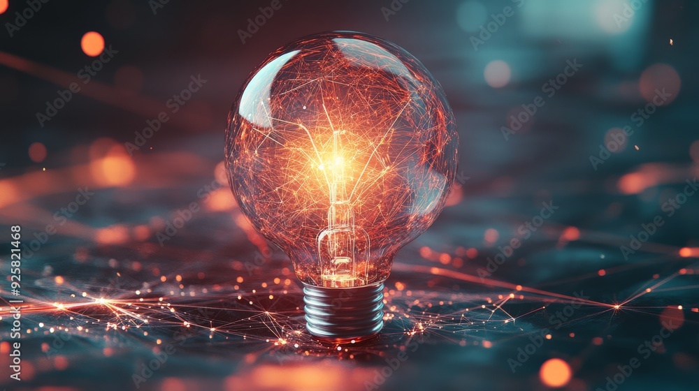Poster abstract futuristic light bulb glowing with interconnected network and digital data flow concept, sh
