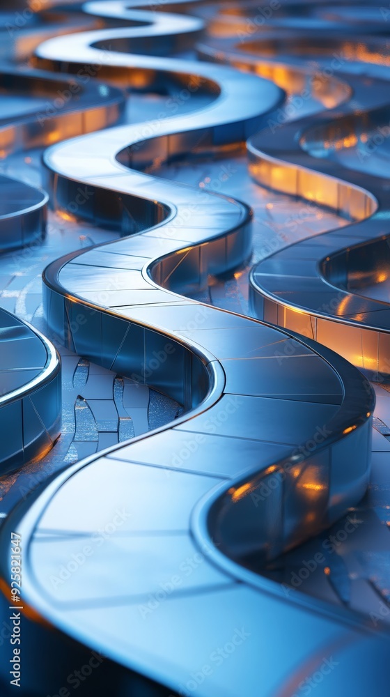 Poster abstract futuristic blue metallic wave-shaped structures with reflective surfaces, creating an intri