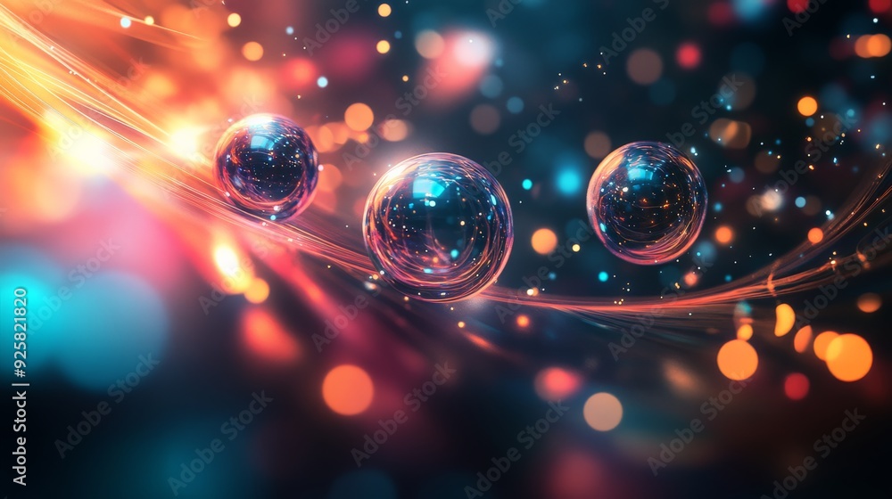 Poster abstract energetic background with vibrant, colorful bokeh lights and futuristic glowing orbs in mot