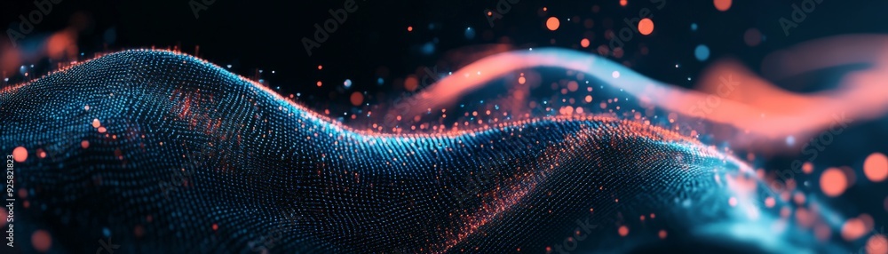 Poster abstract digital wave with glowing particles in blue and pink hues, creating a futuristic and dynami