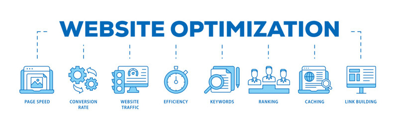 Website optimization icon infographic illustration concept with icon of page speed, conversion rate, website traffic, efficiency, keywords, ranking, caching  icon live stroke and easy to edit  © AFD