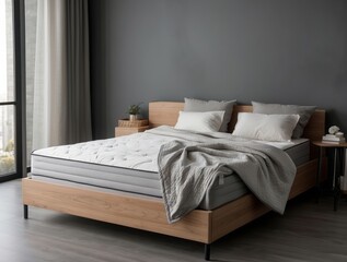 Minimalist Bedroom with Grey Bedspread and Wooden Frame
